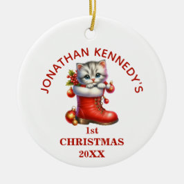 かわいい子猫の初めてのクリスマス 名入れデザイン セラミックオーナメント