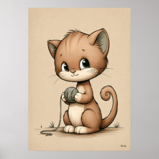 かわいい子猫の北欧風ニュートラルな壁画  ポスター