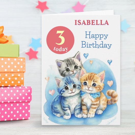 かわいい子猫の名前と年齢が入る子供の誕生日プレゼント カード