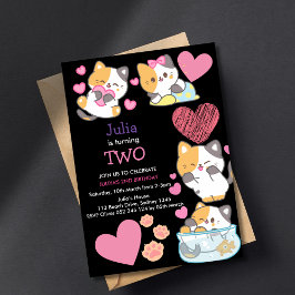 かわいい子猫の女の子の2歳の誕生日 黒 招待状