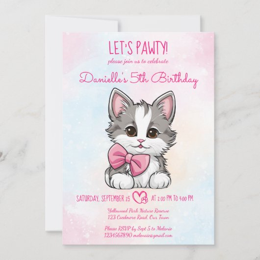 かわいい子猫の子猫の誕生日パティピンクにしよう 招待状 (正面)