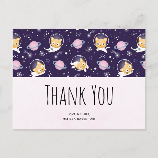 かわいい子猫の宇宙飛行士パターンありがとう ポストカード (正面)