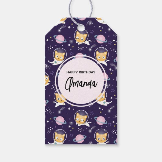 かわいい子猫の宇宙飛行士パターン誕生日 ギフトタグ (正面)