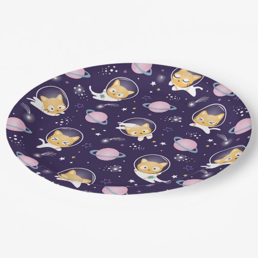 かわいい子猫の宇宙飛行士パターン ペーパープレート (アングル)
