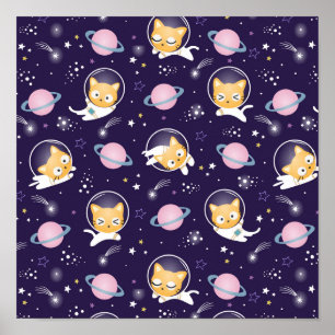 かわいい子猫の宇宙飛行士パターン ポスター