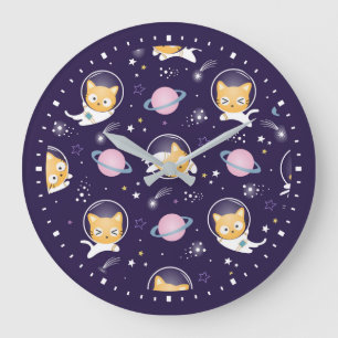 かわいい子猫の宇宙飛行士パターン ラージ壁時計