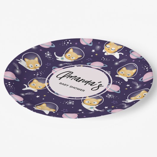 かわいい子猫の宇宙飛行士、柄の赤ちゃんシャワー ペーパープレート (アングル)