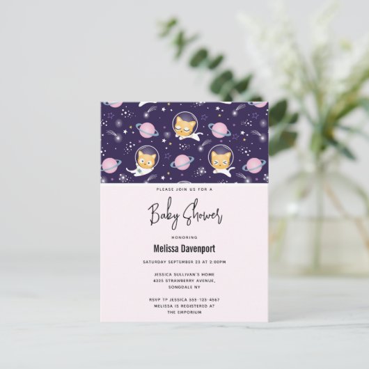 かわいい子猫の宇宙飛行士、柄の赤ちゃんシャワー ポストカード (スタンド正面)