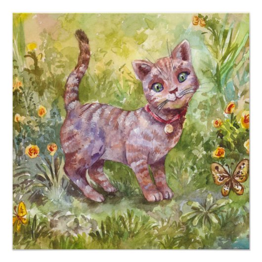 かわいい子猫の庭の蝶の花のイラスト ポスター (正面)