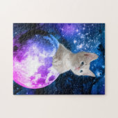 かわいい子猫の月、星、白熱［赤熱］光を放つ宇宙 ジグソーパズル (横)