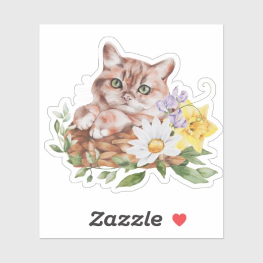 かわいい子猫の水仙とデイジーの花 シール (シート)
