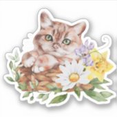 かわいい子猫の水仙とデイジーの花 シール (正面)