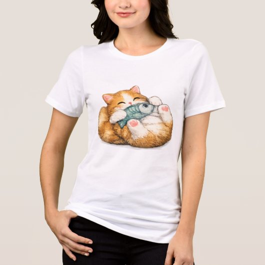 かわいい子猫の水彩画フィッシュハグ トライブレンドTシャツ (正面)
