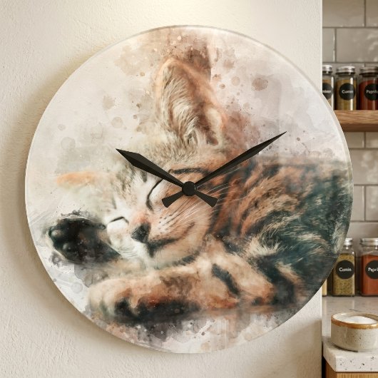 かわいい子猫の水彩画 睡眠 ラージ壁時計