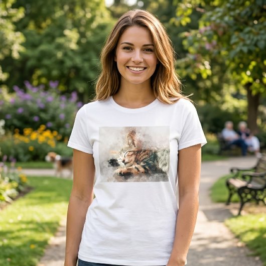 かわいい子猫の水彩画 睡眠 Tシャツ