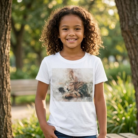 かわいい子猫の水彩画 睡眠 Tシャツ
