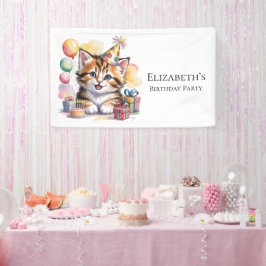 かわいい子猫の水彩画 誕生日パーティー ウェルカム 横断幕