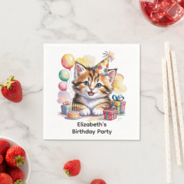 かわいい子猫の水彩画 誕生日パーティー スタンダードカクテルナプキン