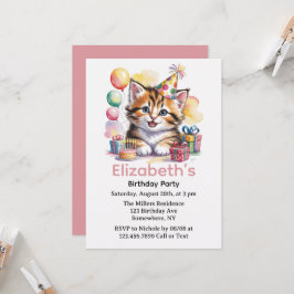 かわいい子猫の水彩画 誕生日パーティー 招待状