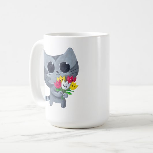 かわいい子猫の猫および花 コーヒーマグカップ (正面左)