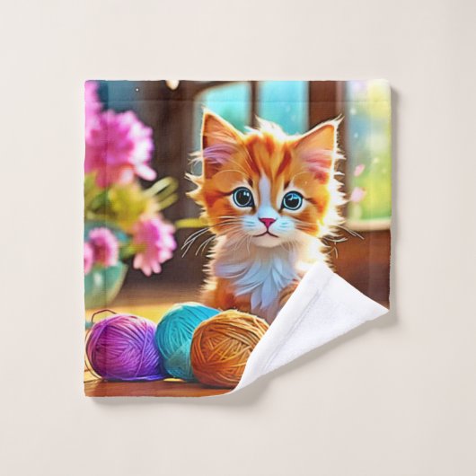 かわいい子猫の糸 バスタオルセット (ウォッシュタオル)