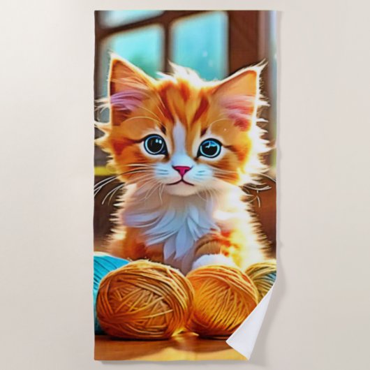 かわいい子猫の糸 ビーチタオル (正面)
