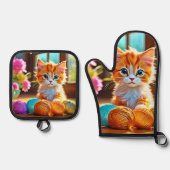 かわいい子猫の糸 鍋つかみ&鍋敷きセット (正面)