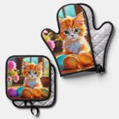 かわいい子猫の糸 鍋つかみ&鍋敷きセット (正面/裏面)