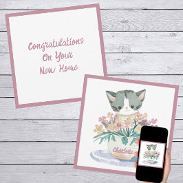 かわいい子猫の花のポットに座って新居 カード