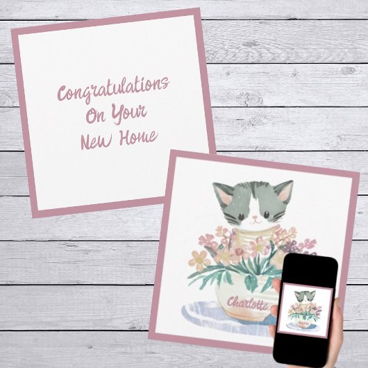 かわいい子猫の花のポットに座って新居 カード