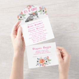 かわいい子猫の花ピンク女の子の赤ちゃんシャワー オールインワン招待状