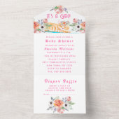 かわいい子猫の花ピンク女の子の赤ちゃんシャワー オールインワン招待状 (内側)