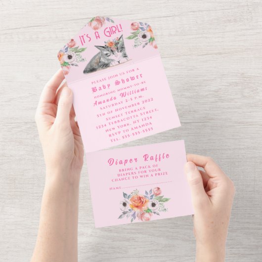 かわいい子猫の花ピンク女の子の赤ちゃんシャワー オールインワン招待状 (貼ってはがせる)