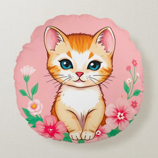 🐱 かわいい子猫の花園の至福 🌸 ラウンドクッション (正面)