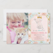 かわいい子猫の花柄の誕生日招待状 - 写真追加 招待状 (正面)