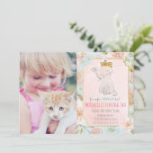 かわいい子猫の花柄の誕生日招待状 - 写真追加 招待状 (スタンド正面)