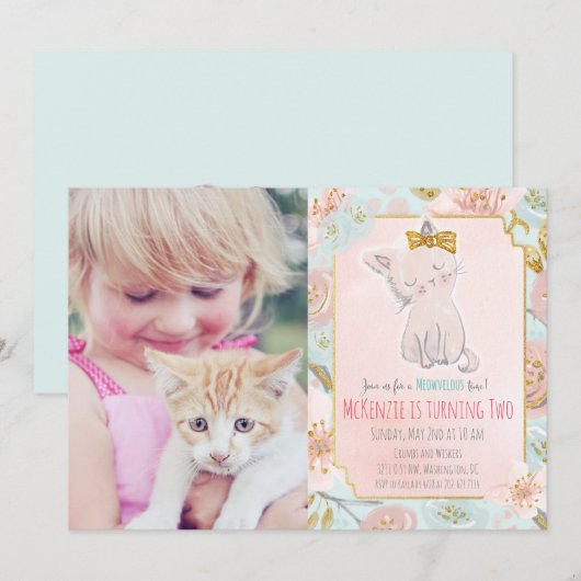 かわいい子猫の花柄の誕生日招待状 - 写真追加 招待状 (正面/裏面)