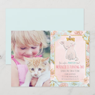 かわいい子猫の花柄の誕生日招待状 - 写真追加 招待状