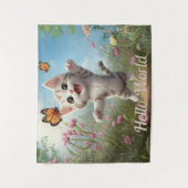 かわいい子猫の蝶ハローワールド タペストリー (正面)