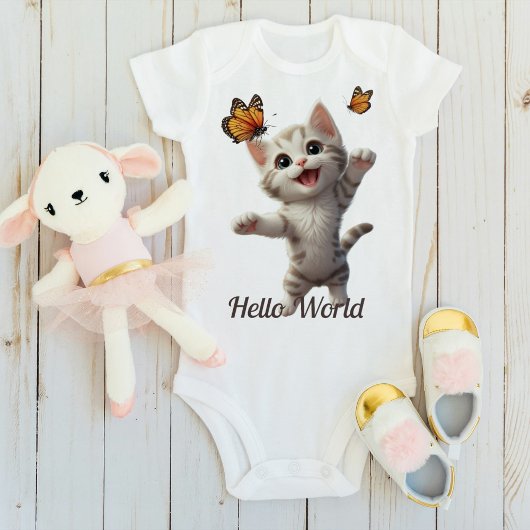 かわいい子猫の蝶ハローワールド ベビーボディスーツ