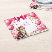 かわいい子猫の誕生日パーティーバルーン 🐱 スクエアペーパーコースター (アングル)