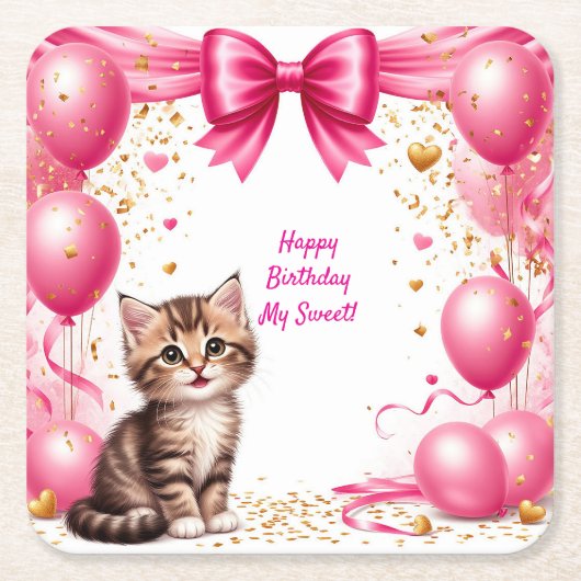 かわいい子猫の誕生日パーティーバルーン 🐱 スクエアペーパーコースター (正面)