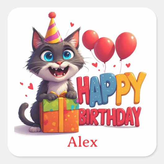 かわいい子猫の誕生日パーティー🎉 スクエアシール (正面)