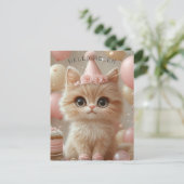 かわいい子猫の誕生日帽子ケーキ風船 ポストカード (スタンド正面)