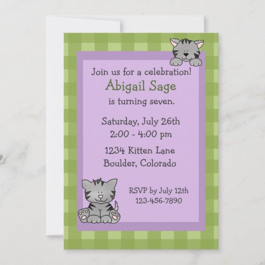 かわいい子猫の誕生日招待状（女の子向け） 招待状 (正面)