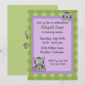 かわいい子猫の誕生日招待状（女の子向け） 招待状 (正面/裏面)