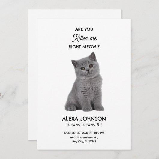 かわいい子猫の誕生日 招待状 (正面/裏面)