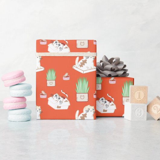 かわいい子猫の赤い包装紙 ラッピングペーパー (ベビーシャワー)