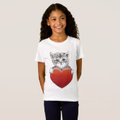 かわいい子猫の顔 ネコ 赤いハート Tシャツ (正面フル)