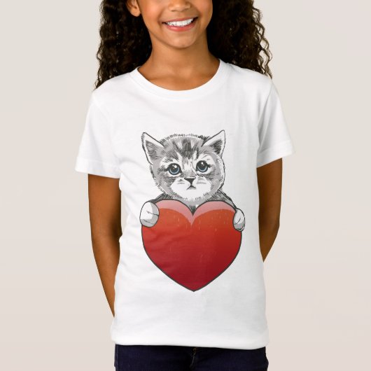 かわいい子猫の顔 ネコ 赤いハート Tシャツ (正面)